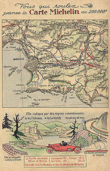 Publicité tirée de la 4éme de couverture de la Petite Illustration présentant la carte Michelin au 1/200 000éme.