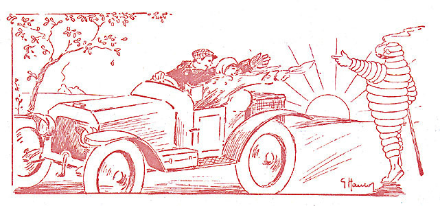 Publicité de 1920 tirée de la 4éme de couverture de la Petite Illustration. Bibendum, illustré par Hautot, souhaite une bonne route aux touristes automobiles.