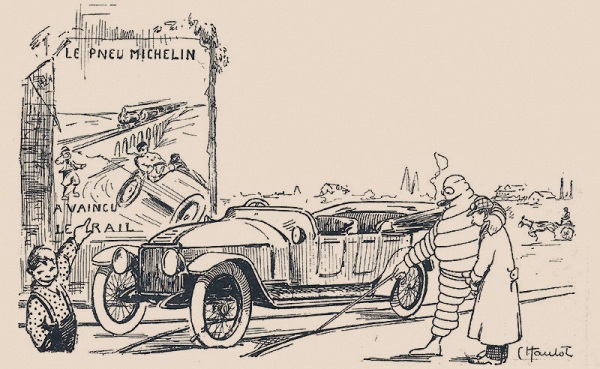 Publicité de 1913 tirée de la 4éme de couverture de la Petite Illustration. Bibendum, illustré par Hautot, explique à un automobiliste malchanceux la 'Vendetta' du rail: 'Mon pauvre ami, vous venez d'être victime d'une vendetta. Il y a beaucoup de temps(...)que le pneu Michelin a vaincu le rail; et le rail ne lui a jamais pardonné.'