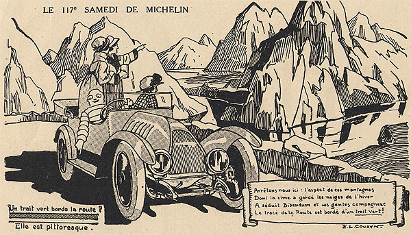 Publicité de 1921 tirée des 'Samedi de Michelin' insérée dans l'Illustration. Bibendum, illustré par Cousyn, explique à des touristes comment tirer partie des cartes Michelin: 'La carte Michelin est un paysage (...) certaines routes ont leur tracé bordé d'un trait vert. Cela veut dire: Espérez un peu! La route est pittoresque.'