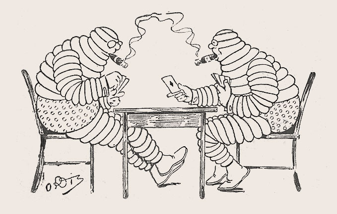 Publicité de 1912 tirée de la 4éme de couverture de la Petite Illustration. Bibendum, illustré par Oritz, joue aux cartes avec un autre Bibendum, tous deux habillés en boxeur et fumant leur cigare.