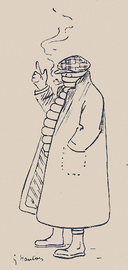 Publicité de 1912 tirée de la 4éme de couverture de la Petite Illustration. Bibendum, illustré par Hautot, enquète sur le mystère de la chambre(à air).