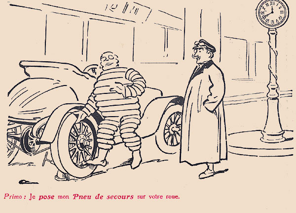 Publicité de 1913 tirée de la 4éme de couverture de la Petite Illustration. Bibendum, illustré par O'Galop, vient au secours d'un automobiliste qui a sa roue crevée. Mais grâce à la roue de secours Michelin il le tire d'affaire. Série de 4 images - image 2.