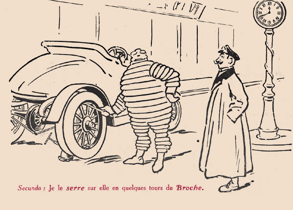 Publicité de 1913 tirée de la 4éme de couverture de la Petite Illustration. Bibendum, illustré par O'Galop, vient au secours d'un automobiliste qui a sa roue crevée. Mais grâce à la roue de secours Michelin il le tire d'affaire. Série de 4 images - image 3.