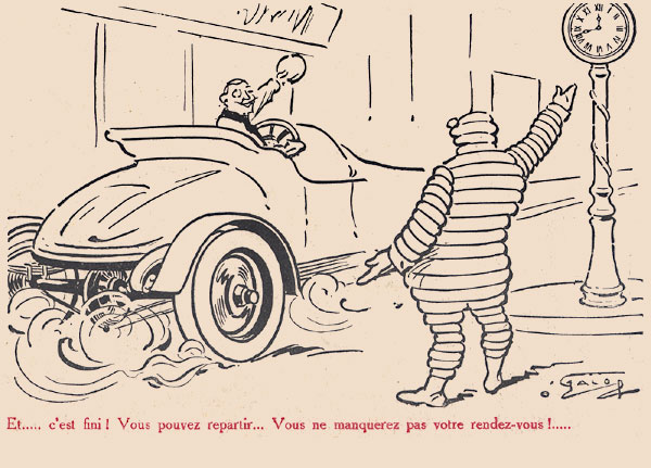 Publicité de 1913 tirée de la 4éme de couverture de la Petite Illustration. Bibendum, illustré par O'Galop, vient au secours d'un automobiliste qui a sa roue crevée. Mais grâce à la roue de secours Michelin il le tire d'affaire. Série de 4 images - image 4.