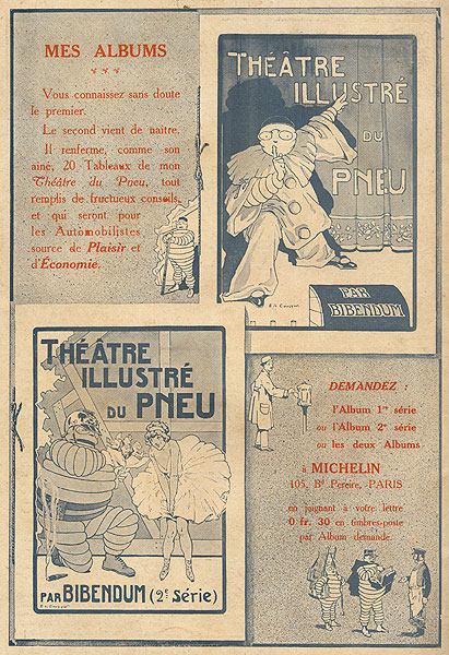 Publicité tirée de la 4éme de couverture de la Petite Illustration présentant les 2 albums du théatre illustré du pneu Michelin.
