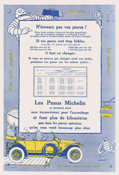 Publicité tirée de la 4éme de couverture de la Petite Illustration présentant des conseils de montage en fonction du poids à soutenir par essieux.