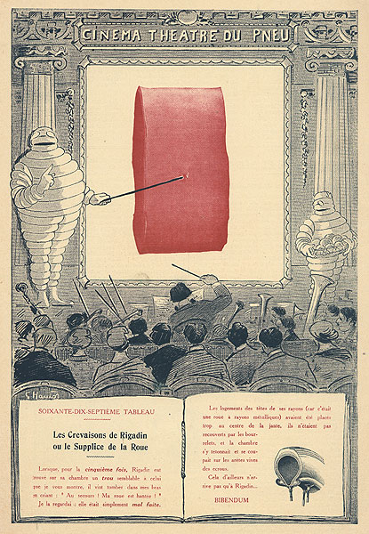 Publicité tirée de la 4éme de couverture de la Petite Illustration présentant un tableau du théatre du pneu Michelin. Bibendum explique sur scène les dangers que peut représenter une simple valve pour une chambre à air.