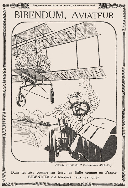 Publicité Michelin tirée de la revue 'je sais tout' où Bibendum pilote un avion. Michelin entend bien faire remarquer que l'entreprise est tournée vers l'avenir et l'innovation.