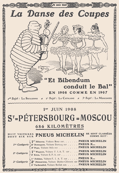 Publicité de 1908 illustrée par O'Galop et tirée de la revue 'je sais tout'. Bibendum multiplie les victoires et mène la danse dans les courses automobiles. Les victoires sont réglées comme du papier à musique.