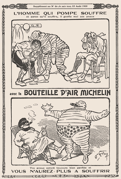Publicité de 1909 illustrée par O'Galop et tirée de la revue 'je sais tout'. Bibendum vante sa nouvelle innovation: la bouteille d'air. S'en est fini de la corvée de gonflage!