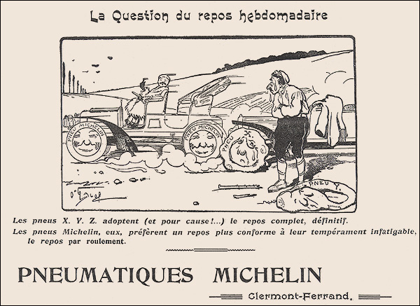 Publicité illustrée par O'Galop. Les pneus Michelin sont infatigables, ils sont faits pour rouler eux!