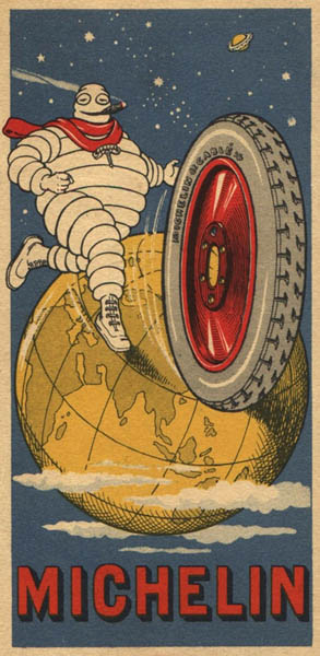 Publicité Michelin vers 1920 pour le pneu câblé Michelin. Carte Michelin.